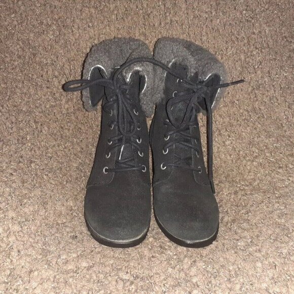 UGG-Zea-Black Suede Leather Shearling Wedge   Lace-Up Boots-Sz 36 - Picture 4 of 7
